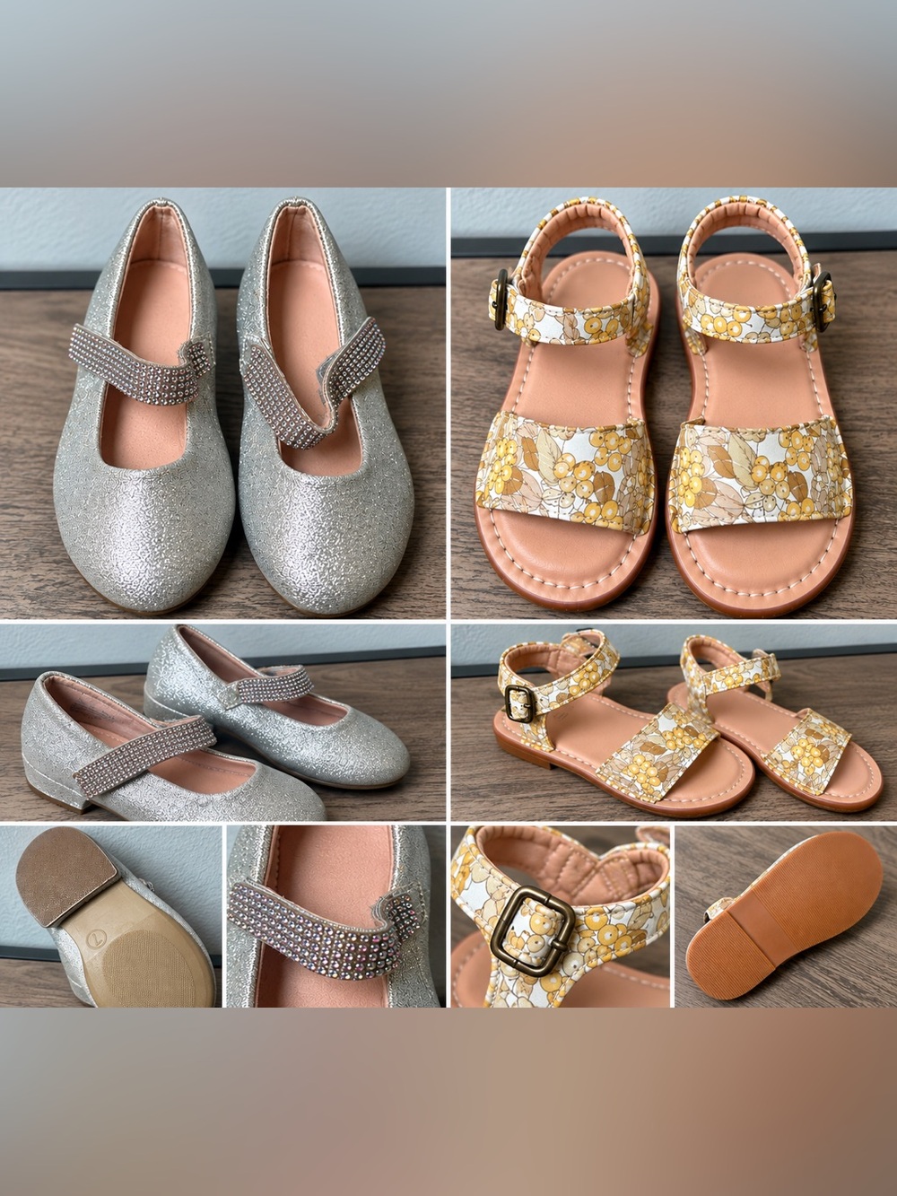 Girls Silver Glitter Mary Janes & Yellow Floral Sandals - 2-Pack